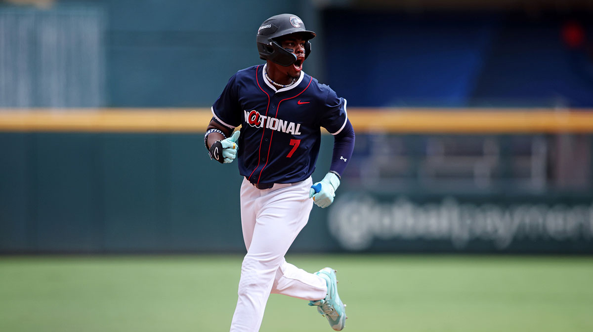 National League outfielder Josue De Paula (46) of the Los Angeles Dodgers scores a run during the sixth inning against American League at Truist Park.