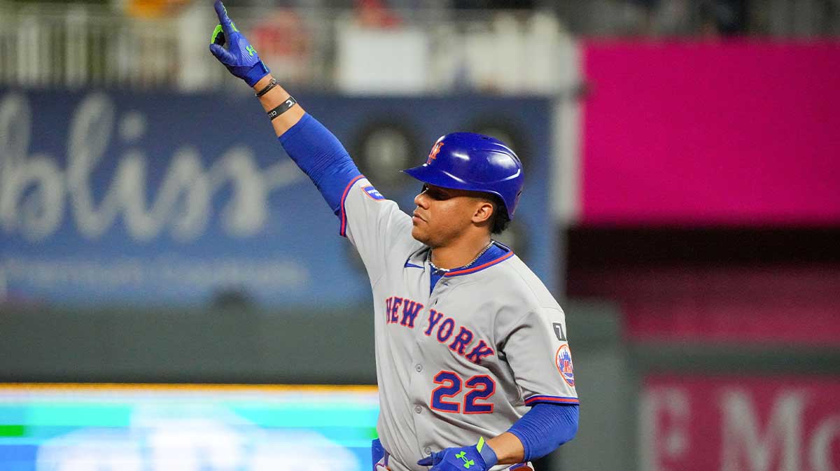 Jul 11, 2025; Kansas City, Missouri, USA; New York Mets right fielder Juan Soto (22) celebrates while running the bases after hitting a solo home run against the Kansas City Royals in the ninth inning at Kauffman Stadium. Mandatory Credit: Denny Medley-Imagn Images