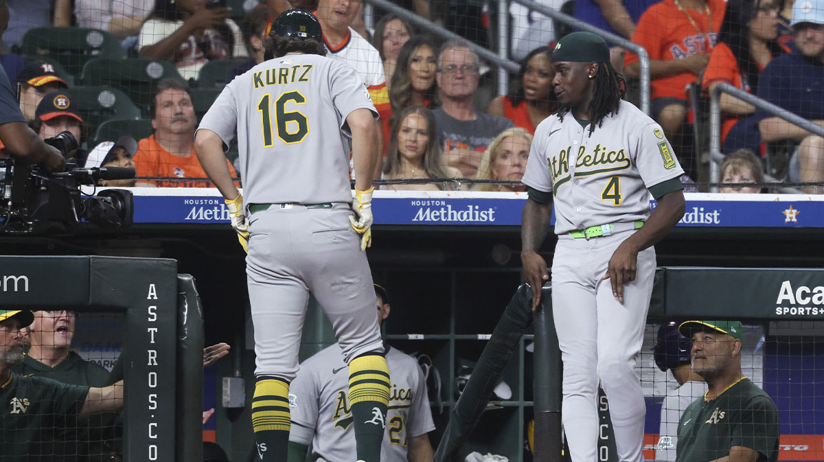 Athletics designated hitter Nick Kurtz (16) hits a home run during the sixth inning against the Houston Astros at Daikin Park.