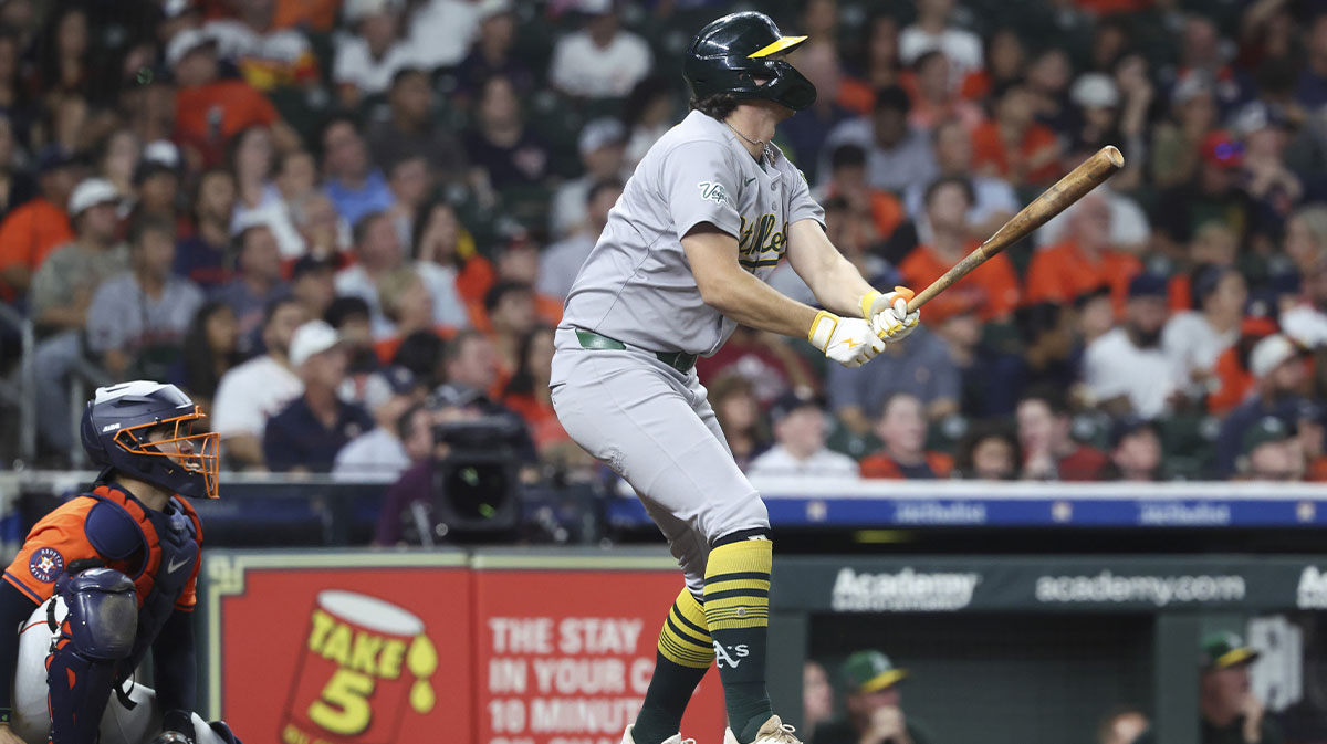 Athletics designated hitter Nick Kurtz (16) hits a home run during the sixth inning against the Houston Astros at Daikin Park.