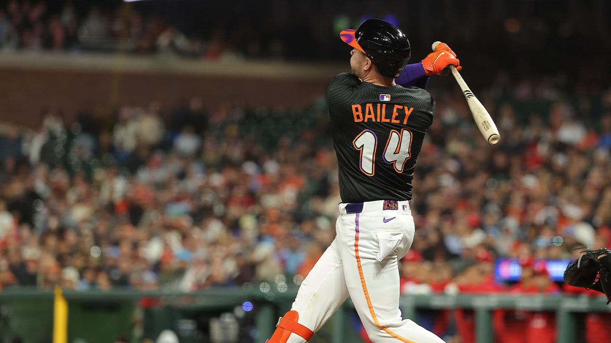 San Francisco Giants catcher Patrick Bailey (14) hits a three-run home run against the Philadelphia Phillies during the ninth inning at Oracle Park. Mandatory Credit: Kelley L Cox-Imagn Images