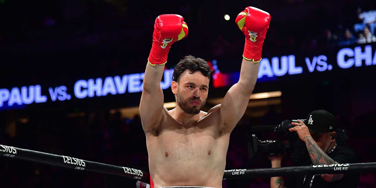 Julio Cesar Chavez Jr. reacts before fighting against Jake Paul at Honda Center.
