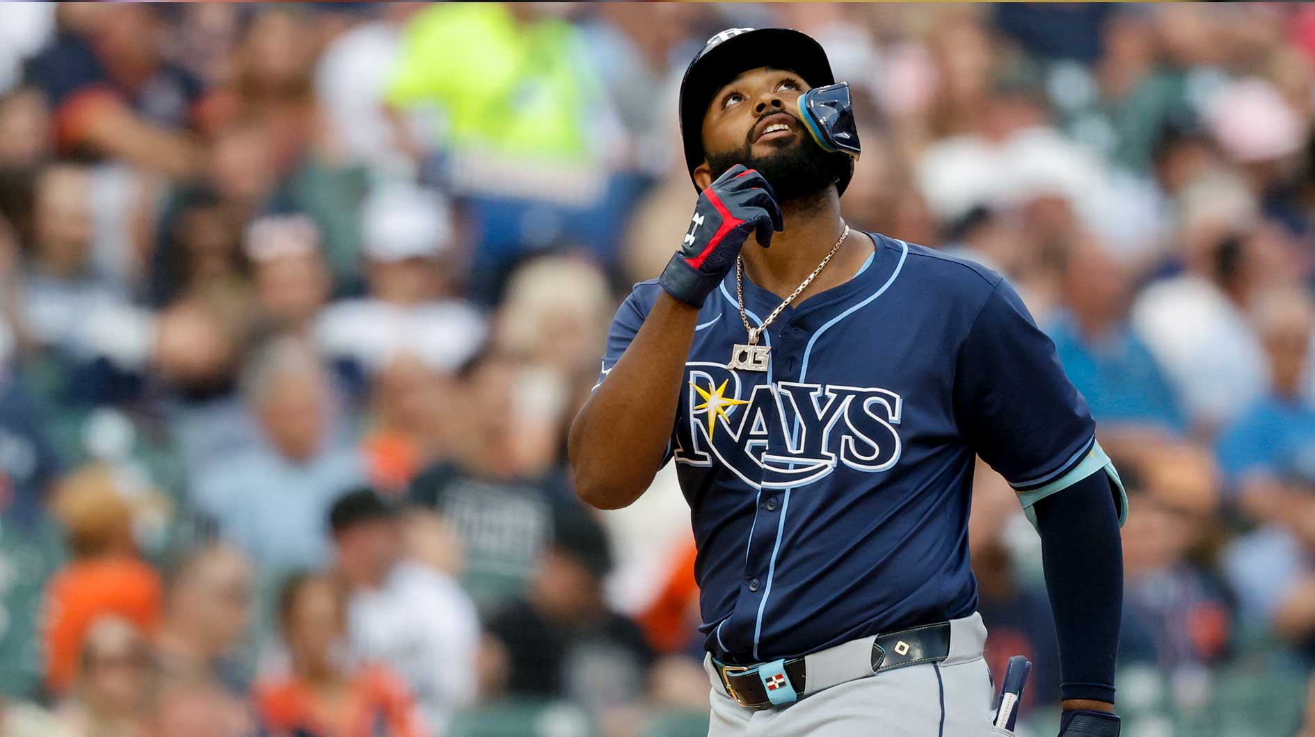 Tampa Bay Rays third baseman Junior Caminero (13) celebrates after he hits a home run in the seventh inning against the Detroit Tigers at Comerica Park.