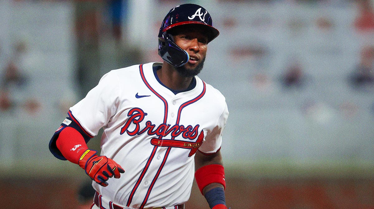 Atlanta Braves left fielder Jurickson Profar (7) rounds third on a home run against the Los Angeles Angels in the seventh inning at Truist Park