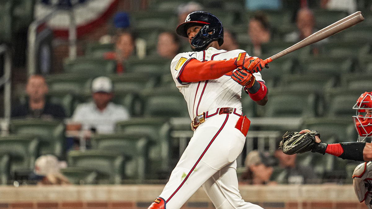 Atlanta Braves left fielder Jurickson Profar (7) hits a home run against the Los Angeles Angels during the ninth inning at Truist Park