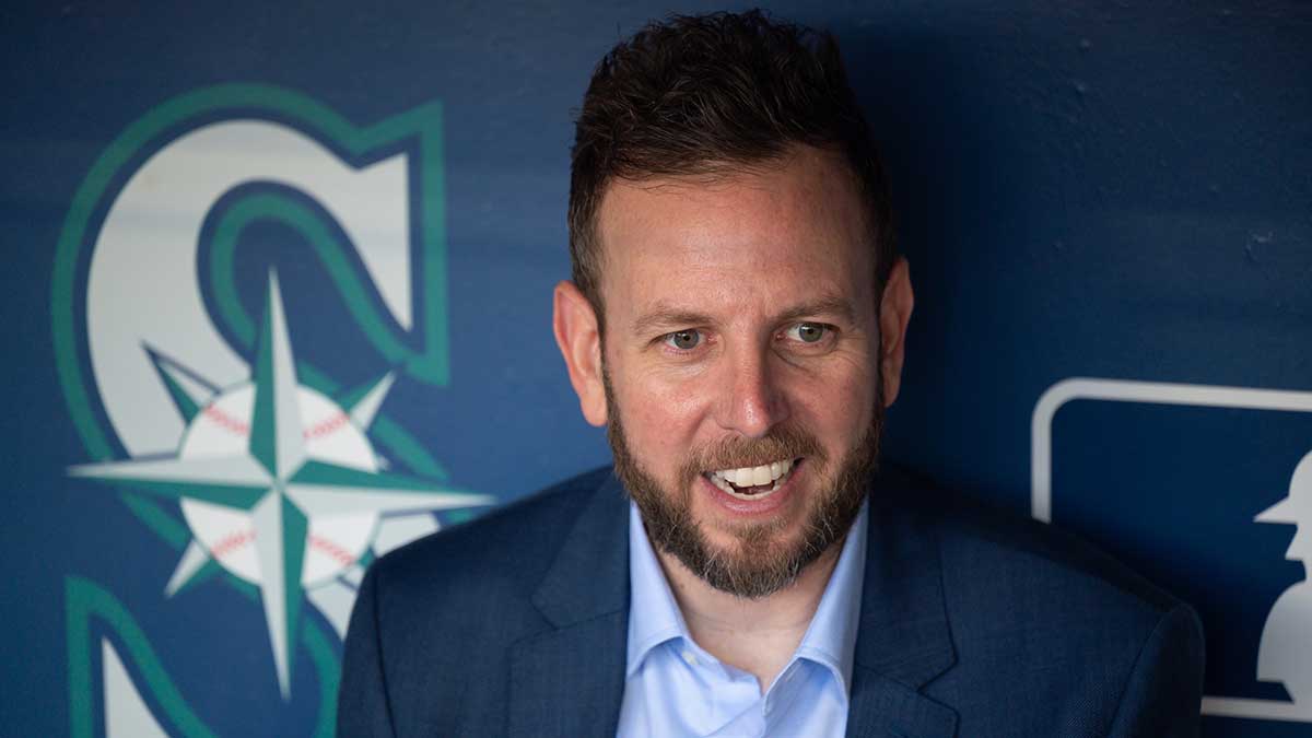 Justin Hollander, the new Seattle Mariners General Manager is interviewed prior to the game against the Oakland Athletics at T-Mobile Park.