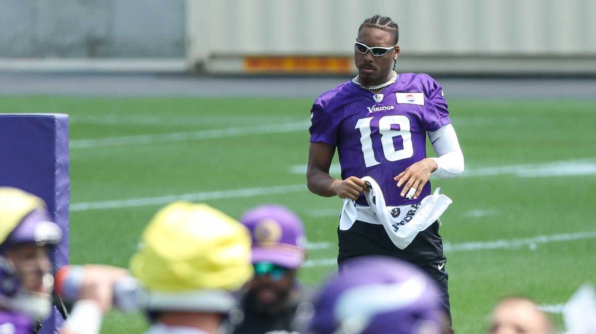 Minnesota Vikings wide receiver Justin Jefferson (18) watches practice during minicamp at the Minnesota Vikings Training Facility.