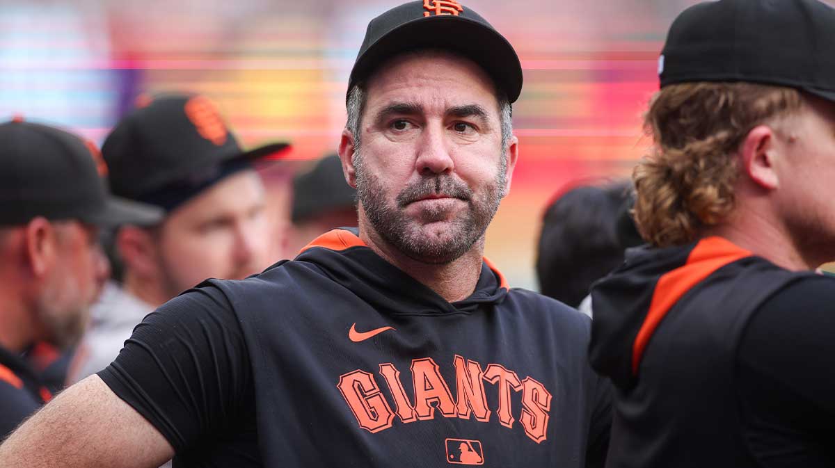 San Francisco Giants starting pitcher Justin Verlander (35) in the dugout against the Atlanta Braves in the first inning at Truist Park.