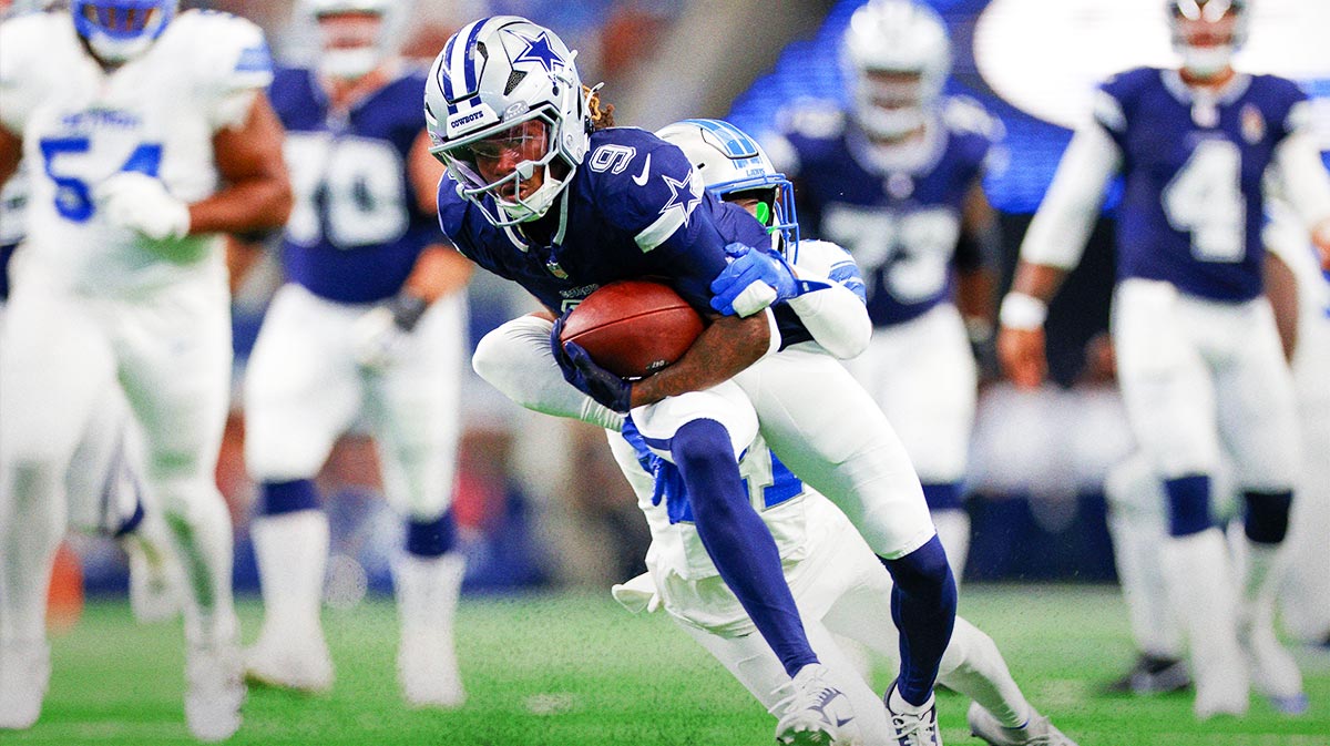 Dallas Cowboys wide receiver KaVontae Turpin (9) is tackled by Detroit Lions cornerback Amik Robertson (21) during the first quarter at AT&T Stadium.