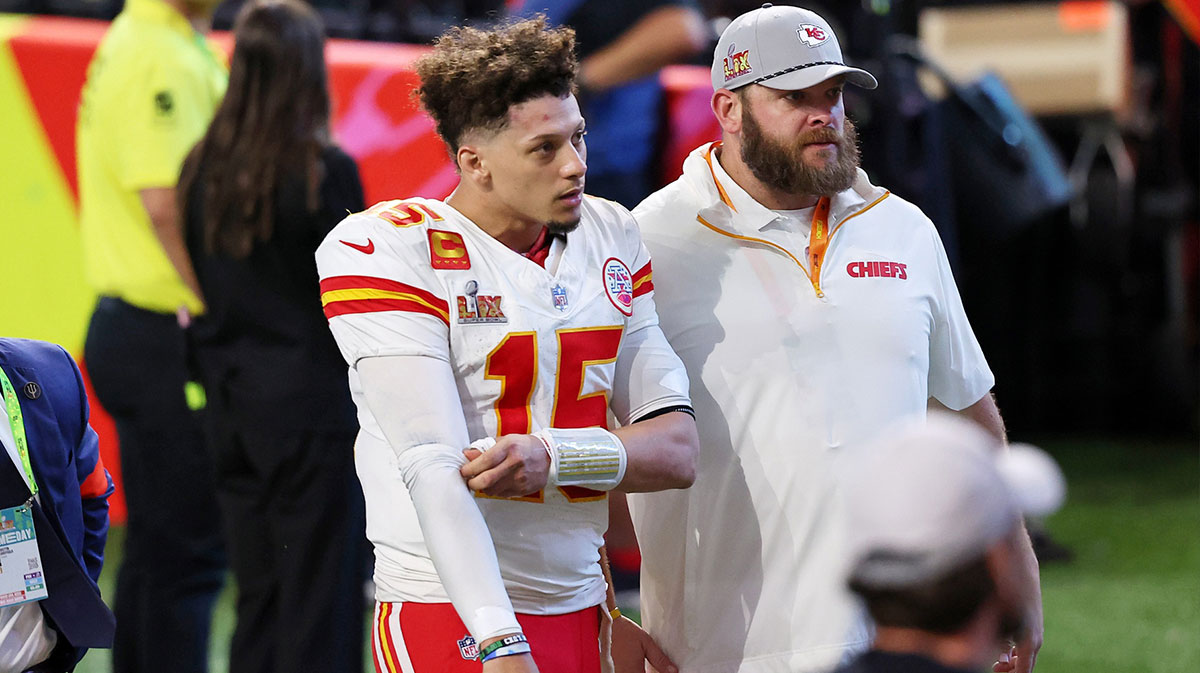 Kansas City Chiefs quarterback Patrick Mahomes (15) walks off the field after losing against the Philadelphia Eagles in Super Bowl LIX at Caesars Superdome.
