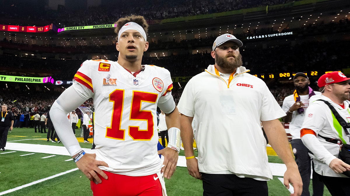 Kansas City Chiefs quarterback Patrick Mahomes (15) reacts after losing to the Philadelphia Eagles in Super Bowl LIX at Ceasars Superdome.