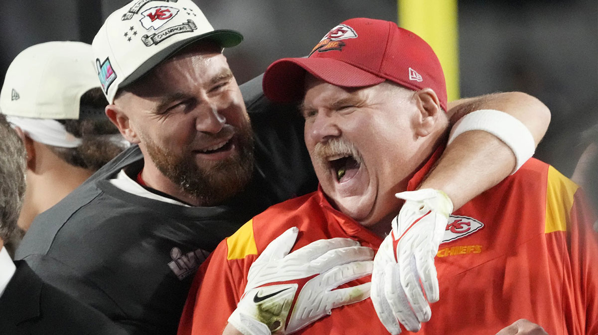 Feb. 12, 2023: Andy Reid and Travis Kelce celebrate the Kansas City Chiefs' win over the Philadelphia Eagles in Super Bowl LVII at State Farm Stadium in Glendale, Arizona.