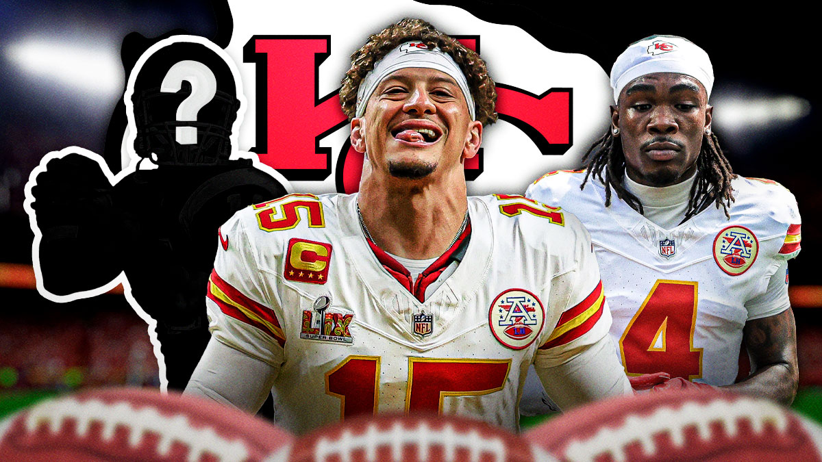 Chiefs QB Patrick Mahomes with WR Rashee Rice and a silhouette of an American football player with a big question mark emoji inside. There is also a logo for the Kansas City Chiefs.