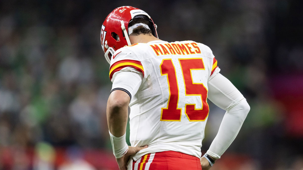 Kansas City Chiefs quarterback Patrick Mahomes (15) reacts against the Philadelphia Eagles in Super Bowl LIX at Ceasars Superdome. Mandatory Credit: Mark J. Rebilas-Imagn Images