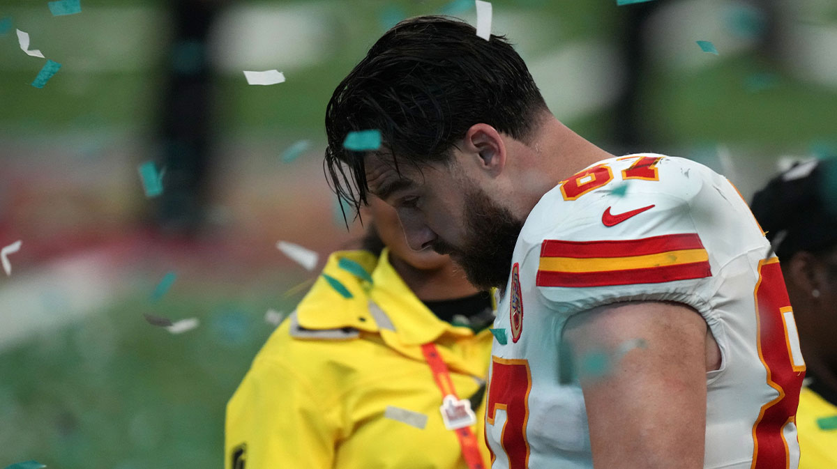 Kansas City Chiefs tight end Travis Kelce (87) reacts after the losing to the Philadelphia Eagles in Super Bowl LIX at Caesars Superdome. Mandatory Credit: Kirby Lee-Imagn Images