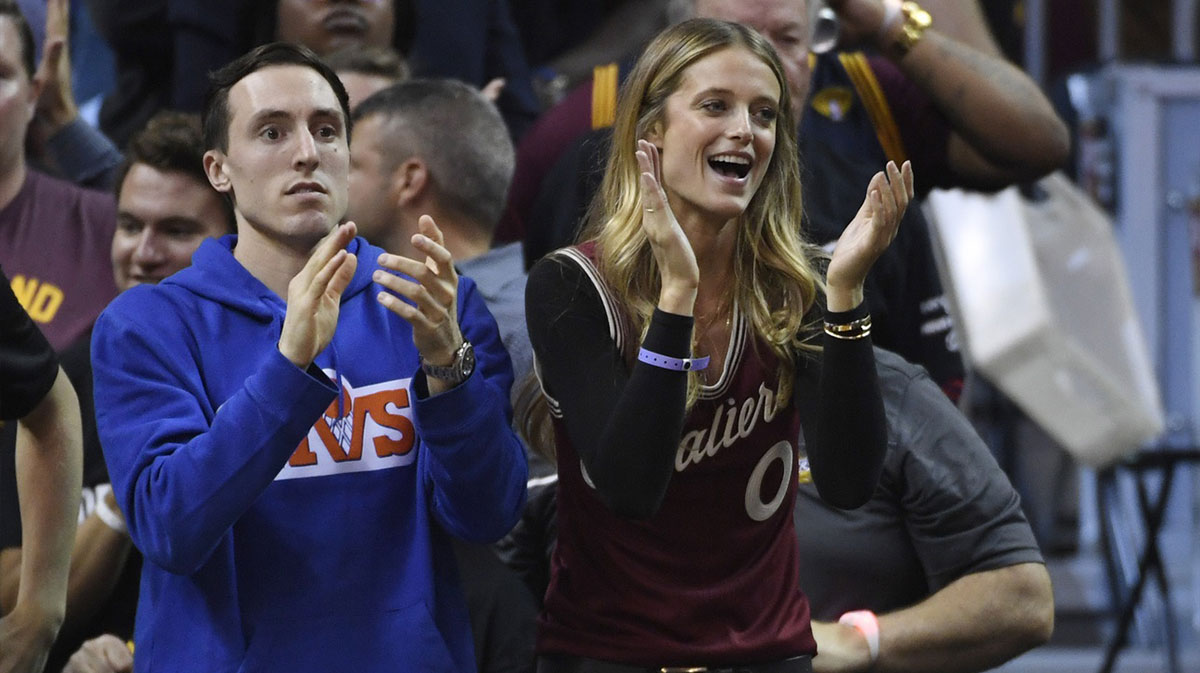 Swimsuit model Kate Bock reacts during the first half in game four of the 2017 NBA Finals between the Golden State Warriors and the Cleveland Cavaliers at Quicken Loans Arena.