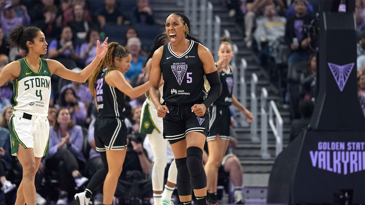 Golden State Valkyries forward Kayla Thornton (5) reacts after a Seattle Storm shot clock violation during the first quarter at Chase Center.