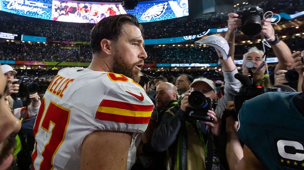 Kansas City Chiefs tight end Travis Kelce (87) reacts on the field after losing to the Philadelphia Eagles in Super Bowl LIX at Ceasars Superdome