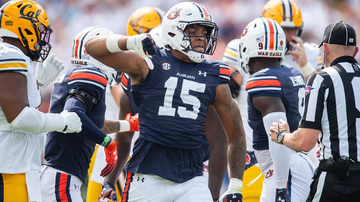 Auburn Tigers defensive lineman Keldric Faulk (15) celebrates a stop as Auburn Tigers take on California Golden Bears at Jordan-Hare Stadium in Auburn, Ala., on Saturday, Sept. 7, 2024.