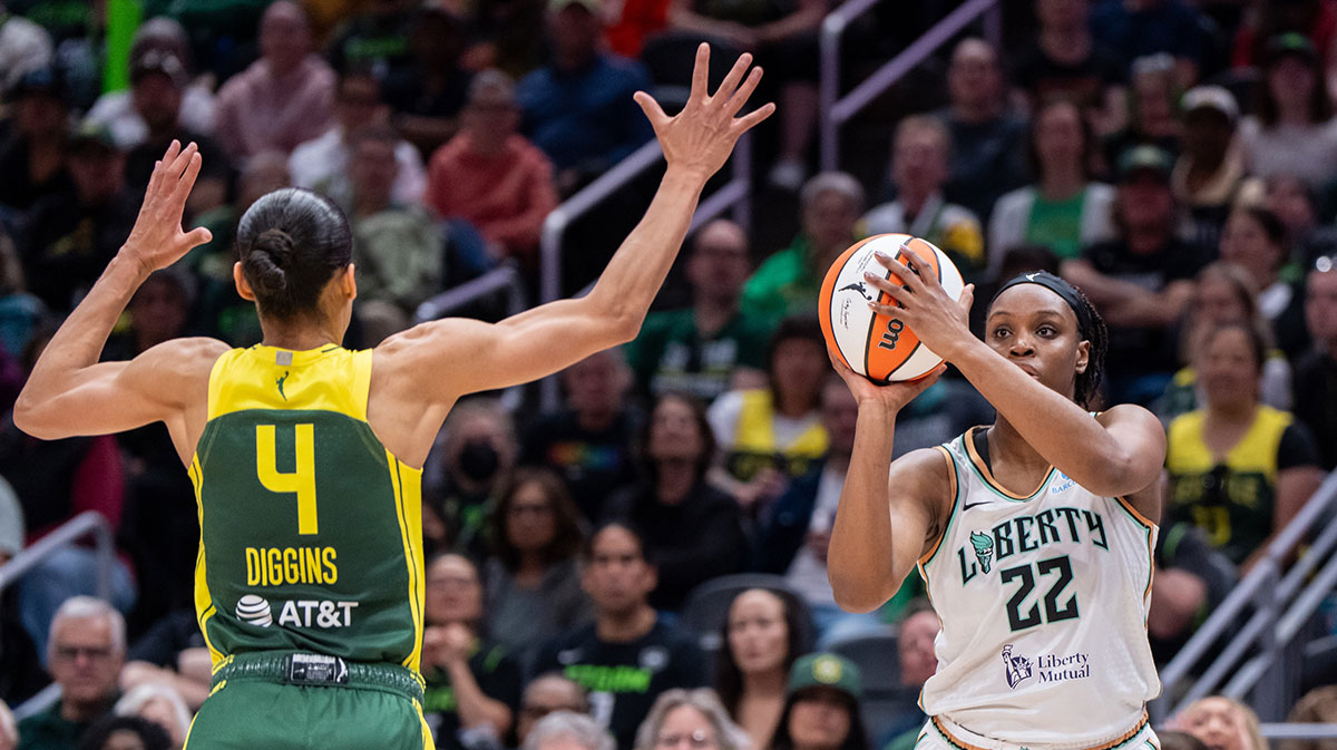 New York Liberty forward Kennedy Burke (22) shoots the ball against Seattle Storm guard Skylar Diggins (4) during the second half at Climate Pledge Arena.