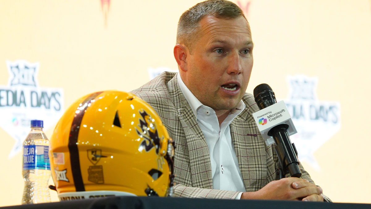 Arizona State head coach Kenny Dillingham addresses the media during 2025 Big 12 Football Media Days at The Star.