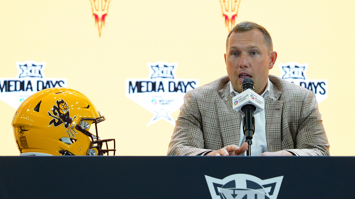 Arizona State head coach Kenny Dillingham addresses the media during 2025 Big 12 Football Media Days at The Star.