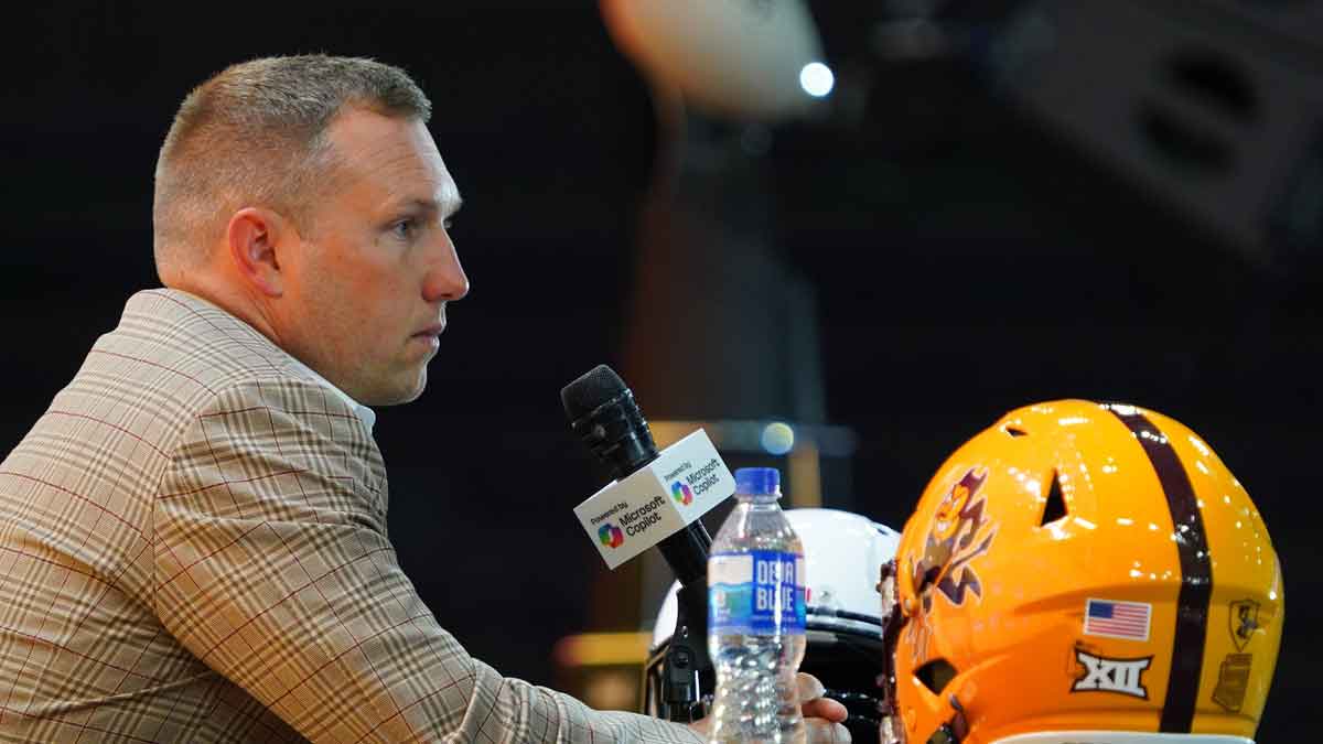 Arizona State head coach Kenny Dillingham addresses the media during 2025 Big 12 Football Media Days at The Star.