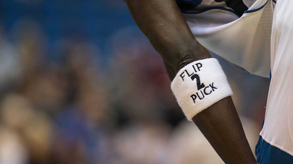The wristband of Minnesota Timberwolves forward Kevin Garnett (21) commemorating Flip Saunders, Malik Sealy and Kirby Puckett against the Oklahoma City Thunder at Target Center. The Thunder defeated the Timberwolves 101-96.