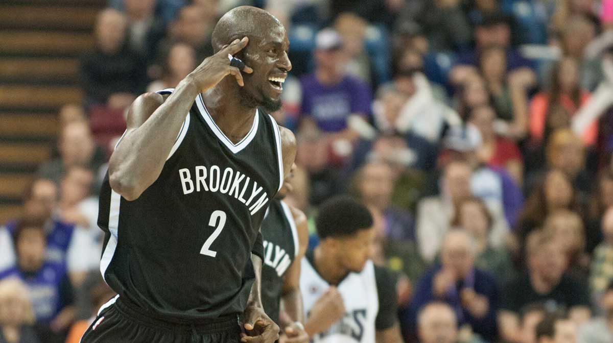 Brooklyn Nets forward Kevin Garnett (2) reacts after missing a basket against the Sacramento Kings during the third quarter at Sleep Train Arena. The Nets won 103-100.