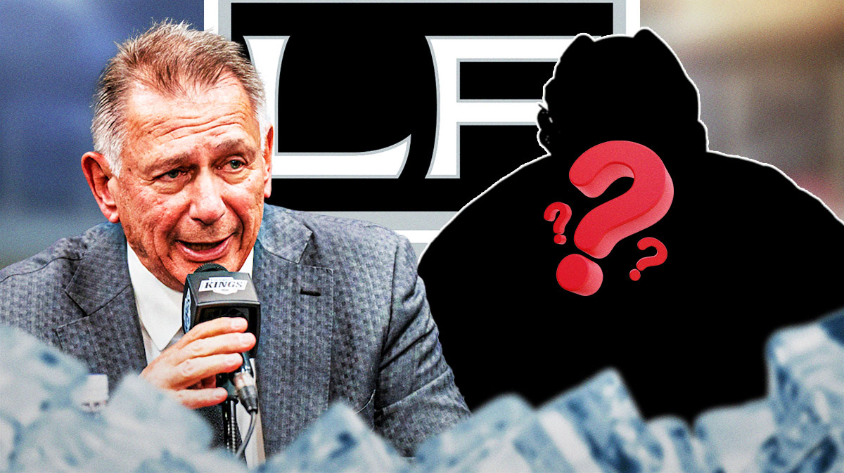 Kings GM Ken Holland with a mystery player, question marks around them, Kings logo in the background.