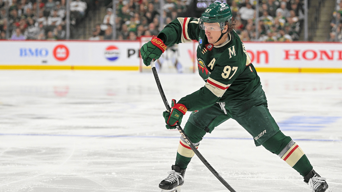 Minnesota Wild forward Kirill Kaprizov (97) takes a shot on goal against the Vegas Golden Knights during the second period in game six of the first round of the 2025 Stanley Cup Playoffs at Xcel Energy Center.