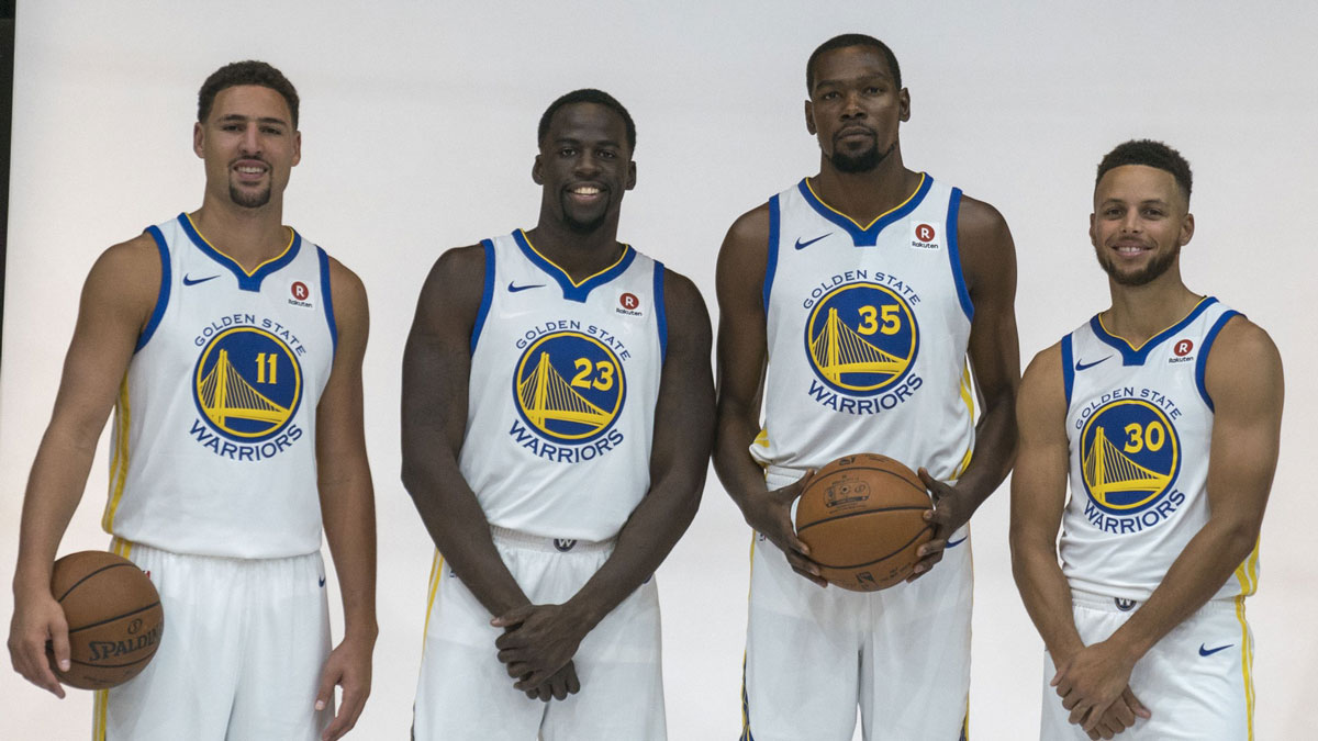 The goalkeeper of the Golden State Warriors Klay Thompson (11), the striker Draymond Green (23), the striker Kevin during (35) and the goalkeeper Stephen Curry (30) on the media day at the Rakuten Performance Center.