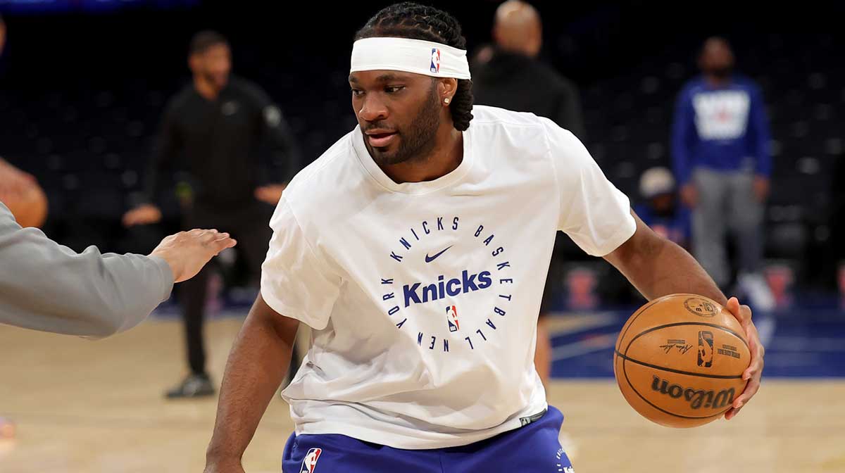 New York Knicks forward Precious Achiuwa (5) warms up before game two of first round of the 2024 NBA Playoffs against the Detroit Pistons at Madison Square Garden.