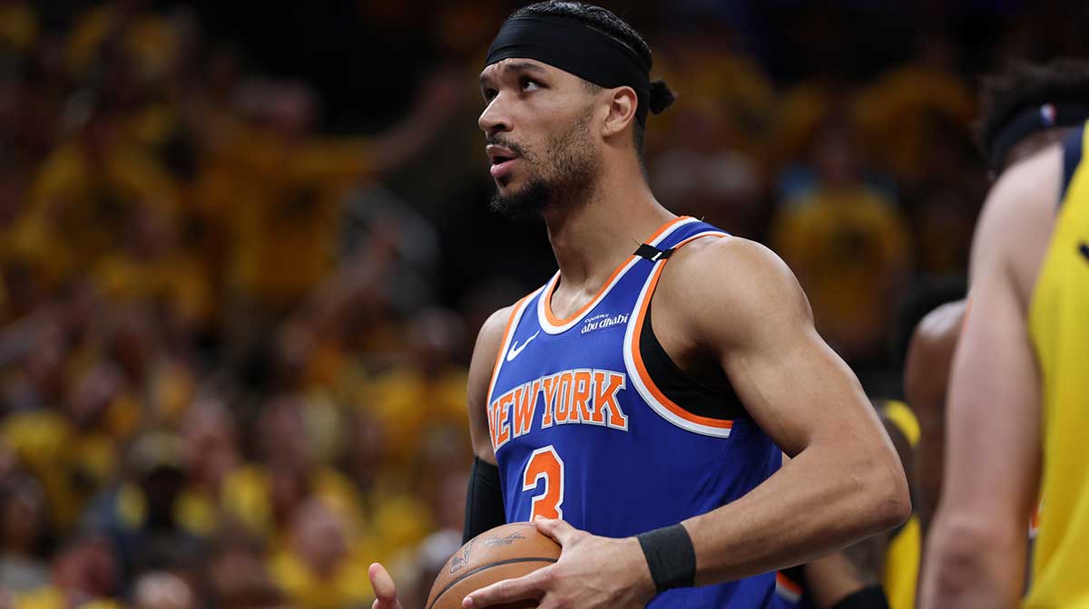 Knicks guard Josh Hart (3) reacts in the third quarter during game six of the eastern conference finals against the Indiana Pacers for the 2025 NBA Playoffs at Gainbridge Fieldhouse