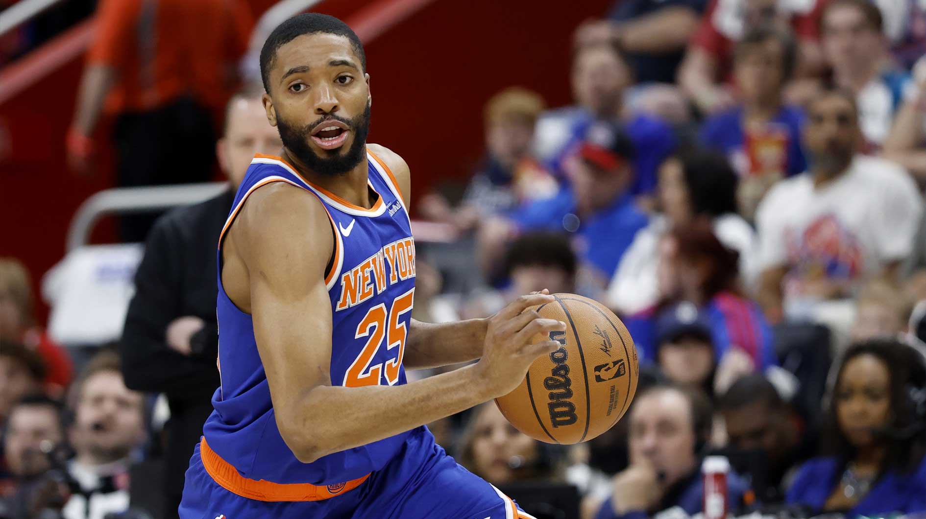 New York Knicks forward Mikal Bridges (25) dribbles in the first half against the Detroit Pistons during game three of first round for the 2024 NBA Playoffs at Little Caesars Arena.