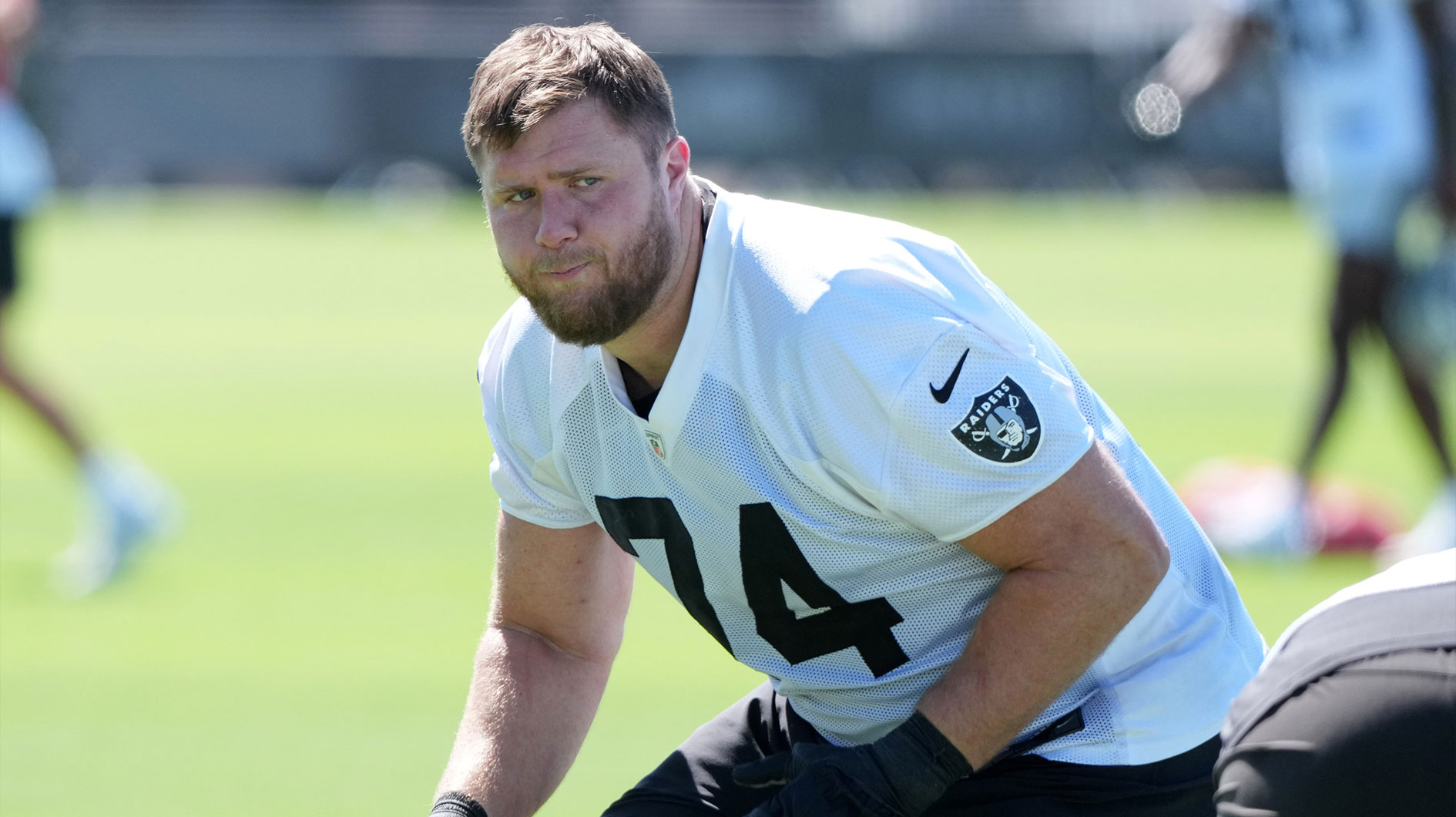 Las Vegas Raiders tackle Kolton Miller (74) during training camp at the Intermountain Healthcare Performance Center.
