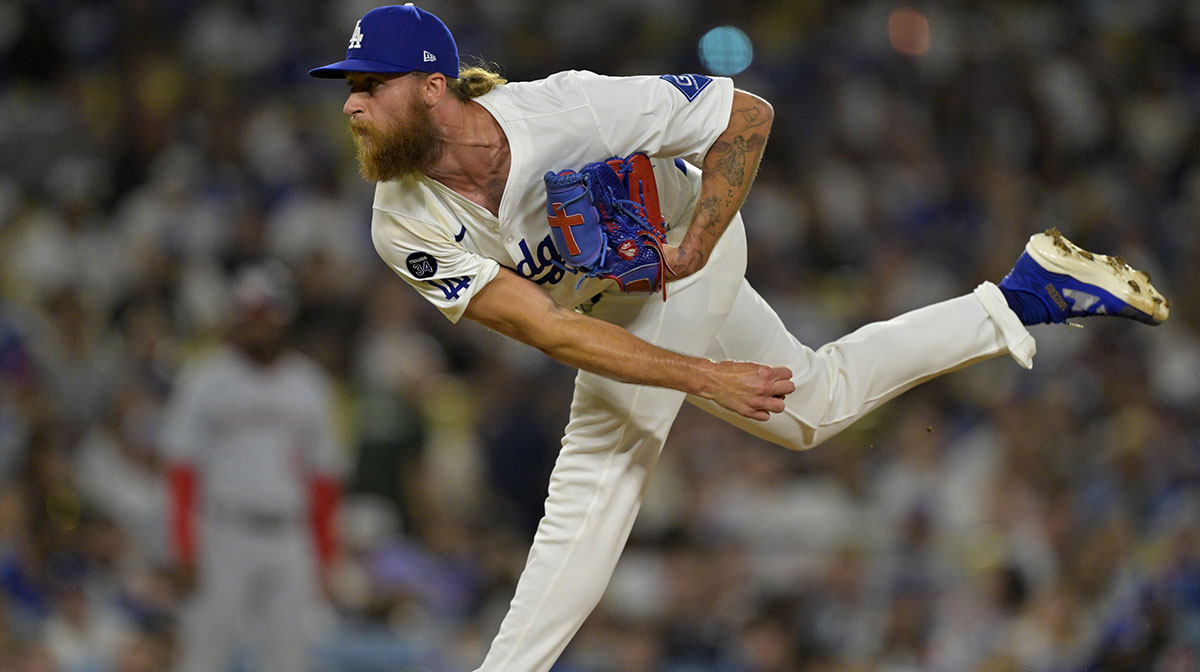 Los Angeles Dodgers relief pitcher Michael Kopech (45) delivers to the plate in the seventh inning against the Washington Nationals at Dodger Stadium.