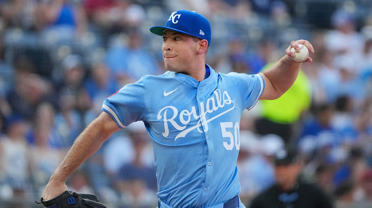 Kansas City Royals starting pitcher Kris Bubic (50) delivers a pitch against the Cleveland Guardians during the first inning at Kauffman Stadium.