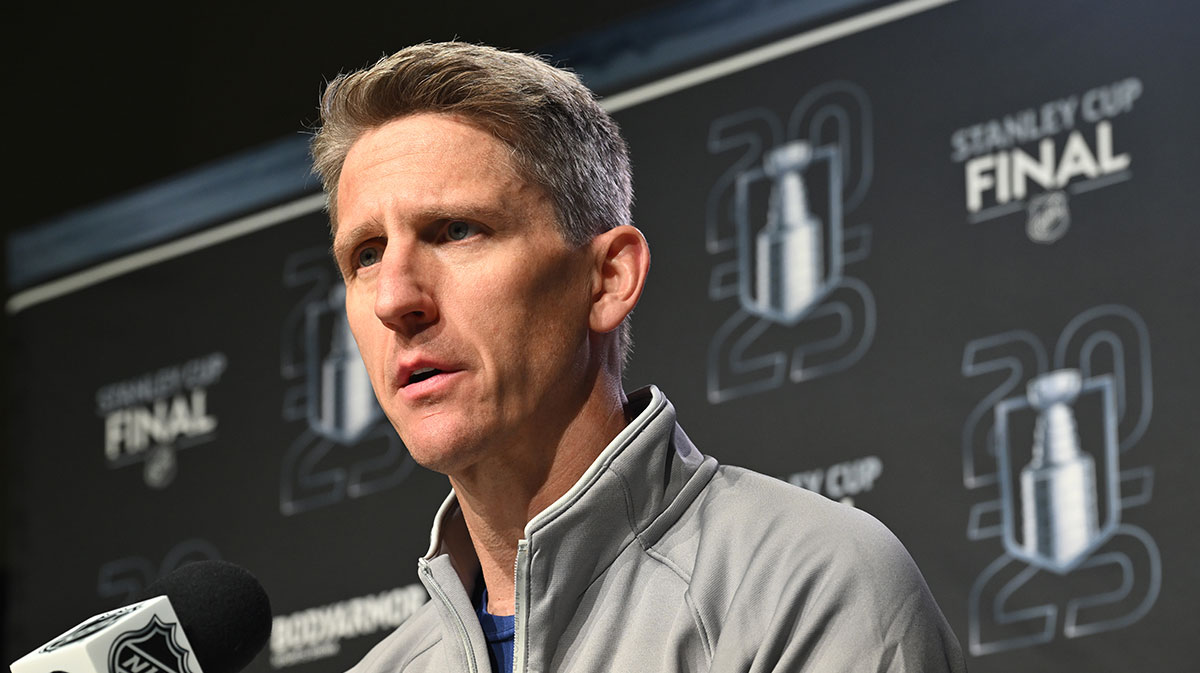 Edmonton Oilers head coach Kris Knoblauch is seen during media day in advance of the 2025 Stanley Cup Final at Rogers Place.