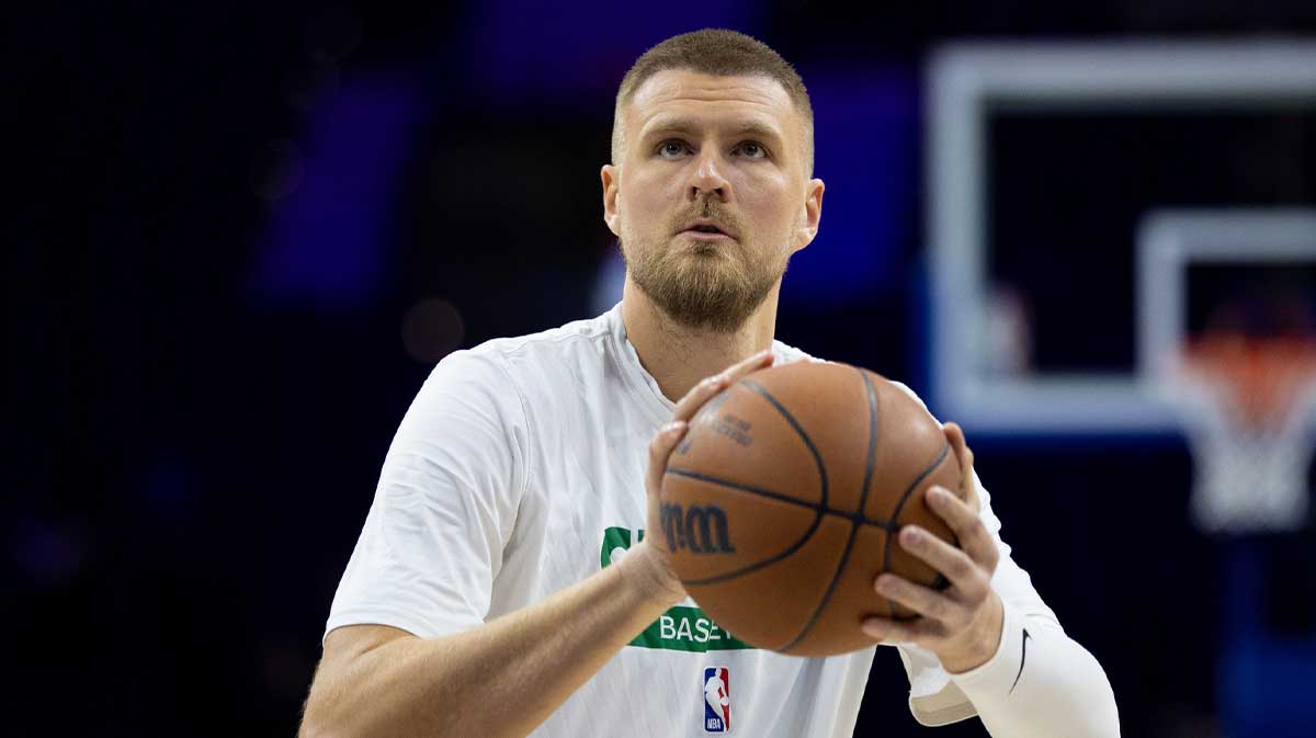 Boston Celtics center Kristaps Porzingis before a game against the Philadelphia 76ers at Wells Fargo Center.