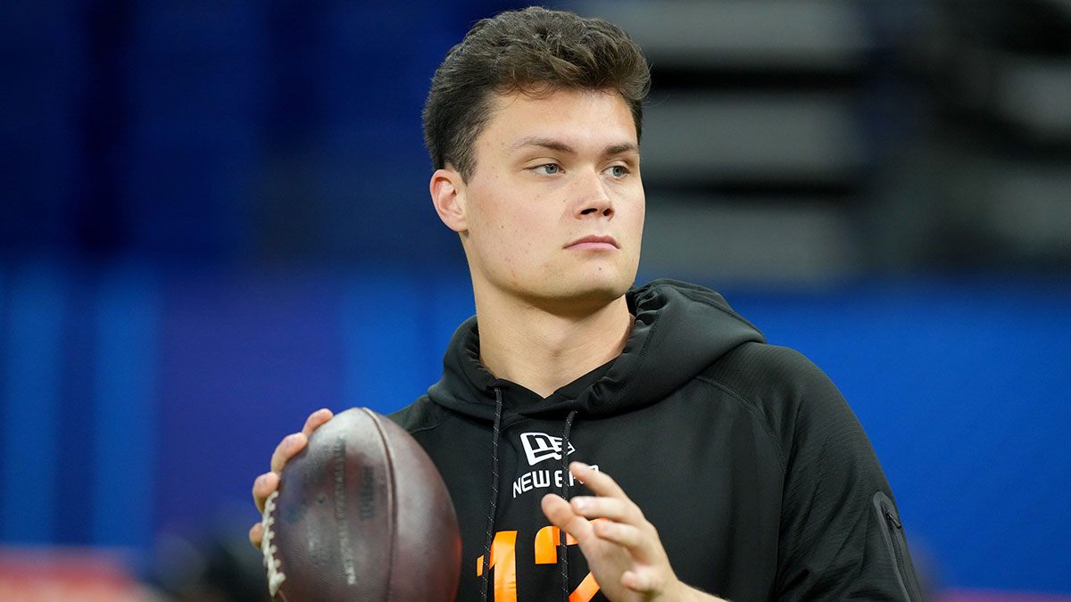 Indiana quarterback Kurtis Rourke (QB12) during the 2025 NFL Combine at Lucas Oil Stadium.