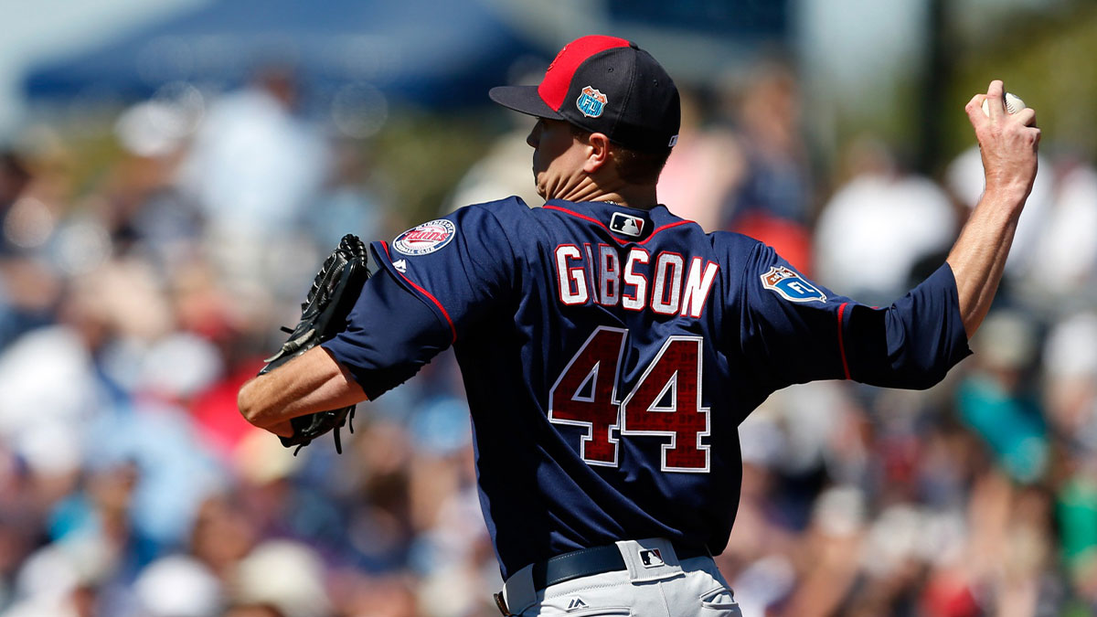 Minnesota Twins starting pitcher Kyle Gibson (44) pitches against the Tampa Bay Rays during the second inning at Charlotte Sports Park.