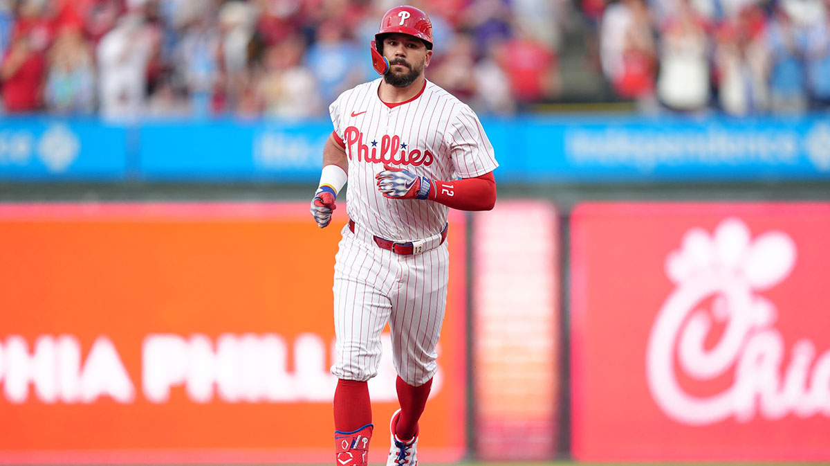 Philadelphia Phillies designated hitter Kyle Schwarber (12) rounds the bases after hitting a two-run home run against the Boston Red Sox in the first inning at Citizens Bank Park.