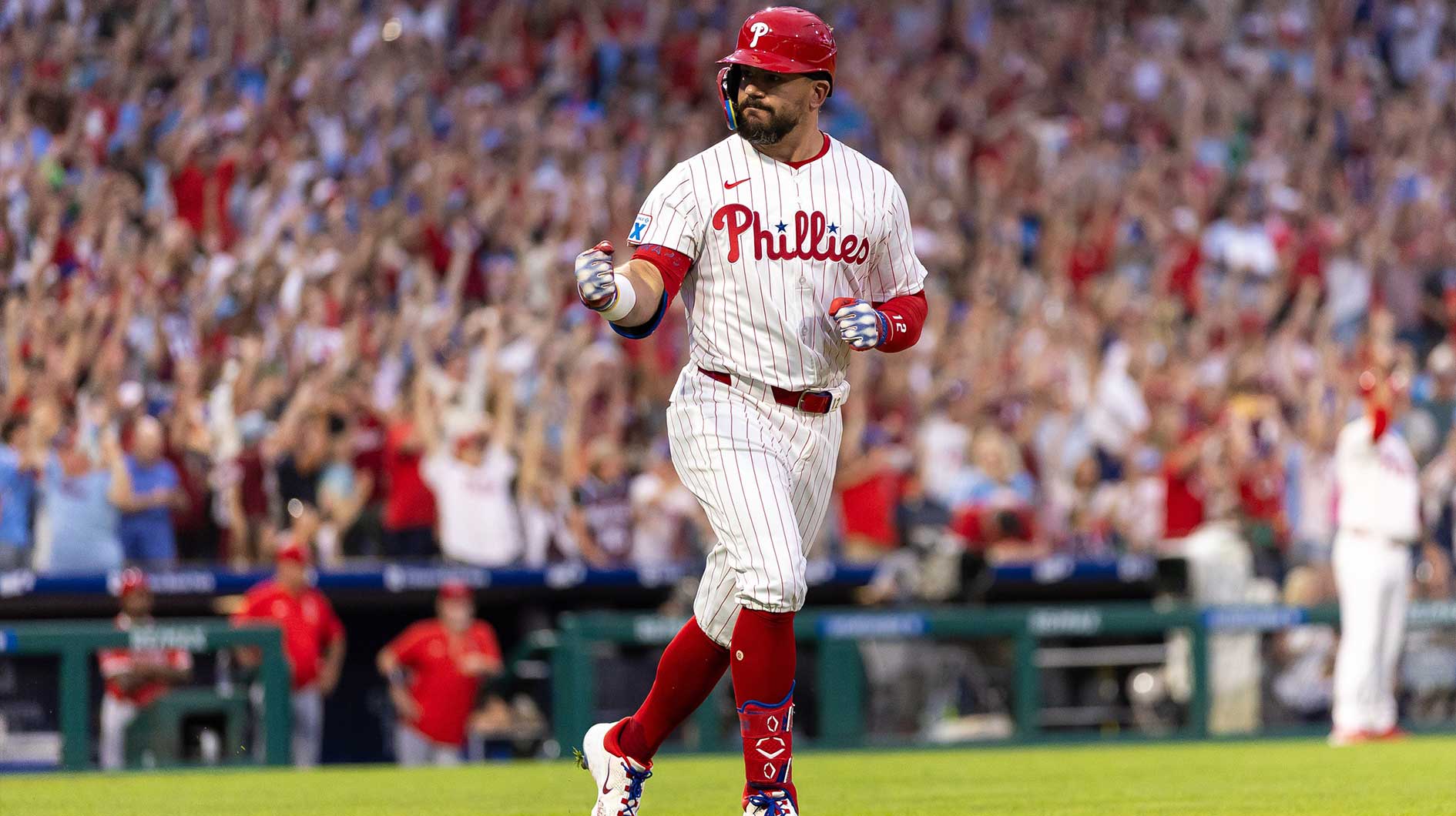 Philadelphia Phillies outfielder Kyle Schwarber (12) runs the bases after hitting a grand slam home run during the sixth inning against the Los Angeles Angels at Citizens Bank Park.