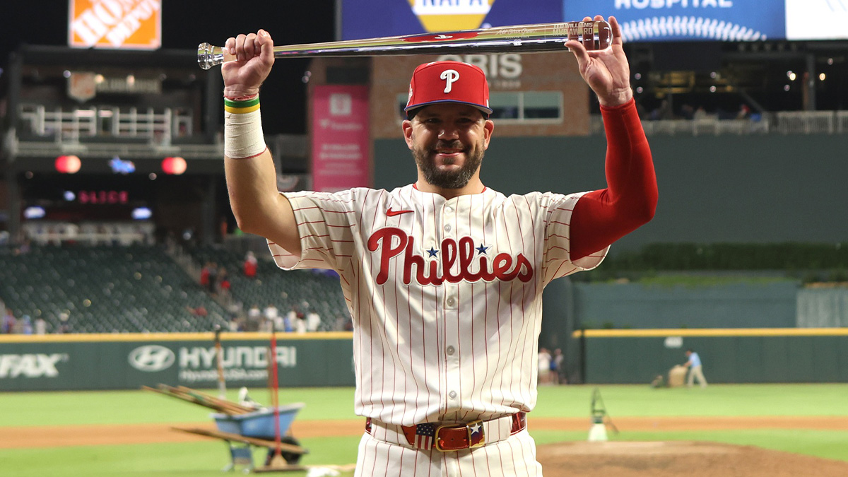 National League designated hitter Kyle Schwarber (12) of the Philadelphia Phillies celebrates after defeating the American League in the 2025 MLB All Star Game at Truist Park.