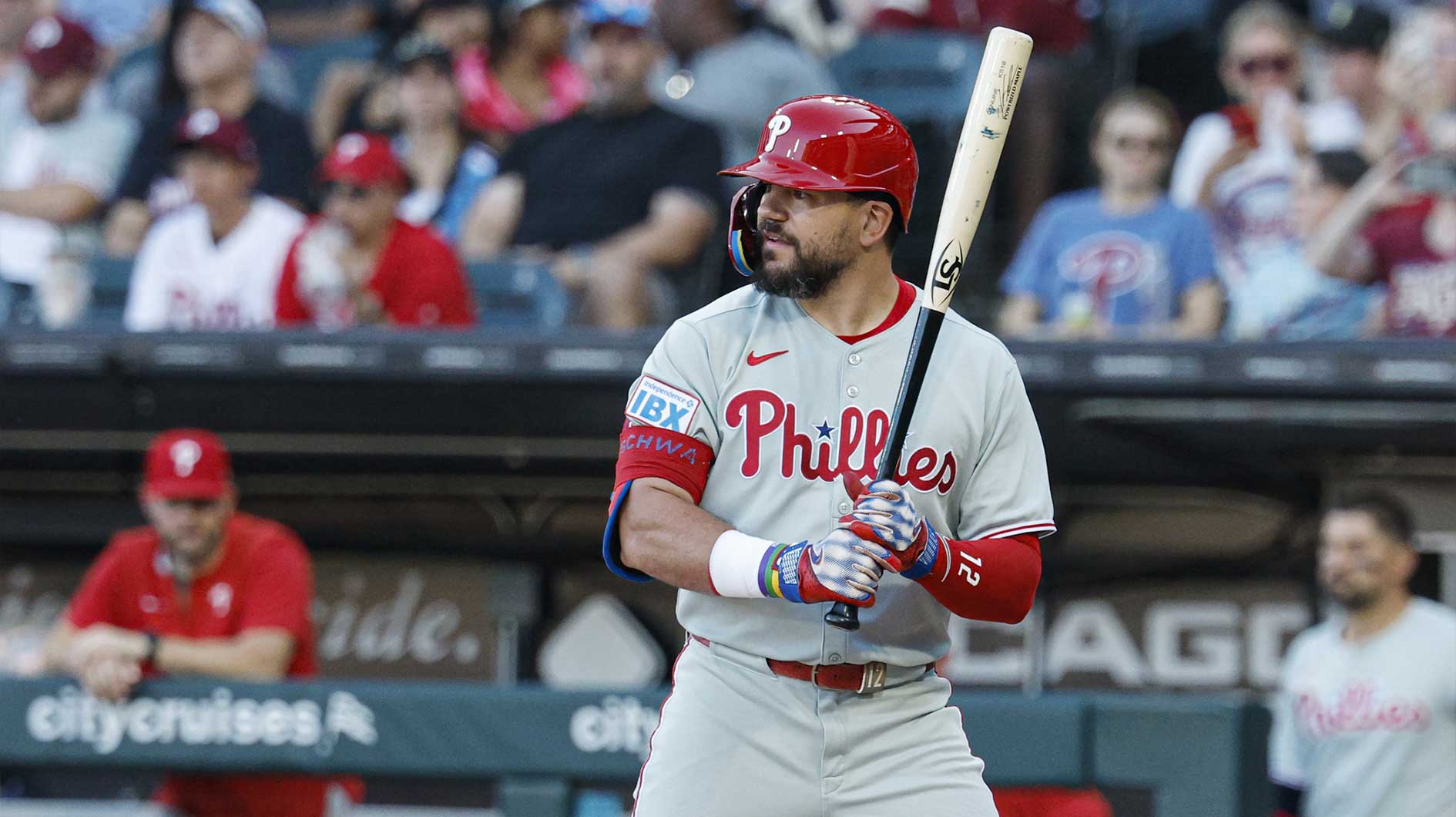 Philadelphia Phillies designated hitter Kyle Schwarber (12) bats against the Chicago White Sox during the first inning at Rate Field.