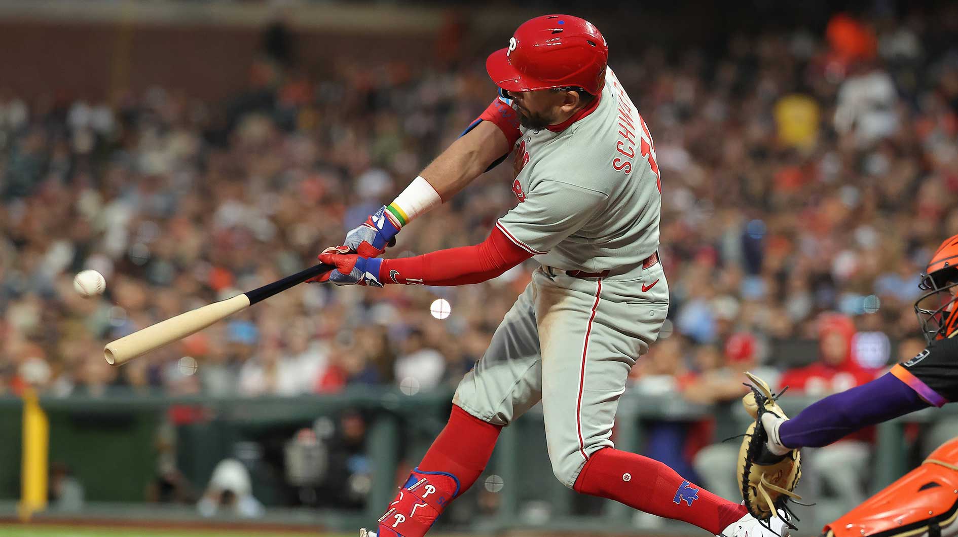 Jul 8, 2025; San Francisco, California, USA; Philadelphia Phillies designated hitter Kyle Schwarber (12) hits a two-run home run against the San Francisco Giants during the seventh inning at Oracle Park.