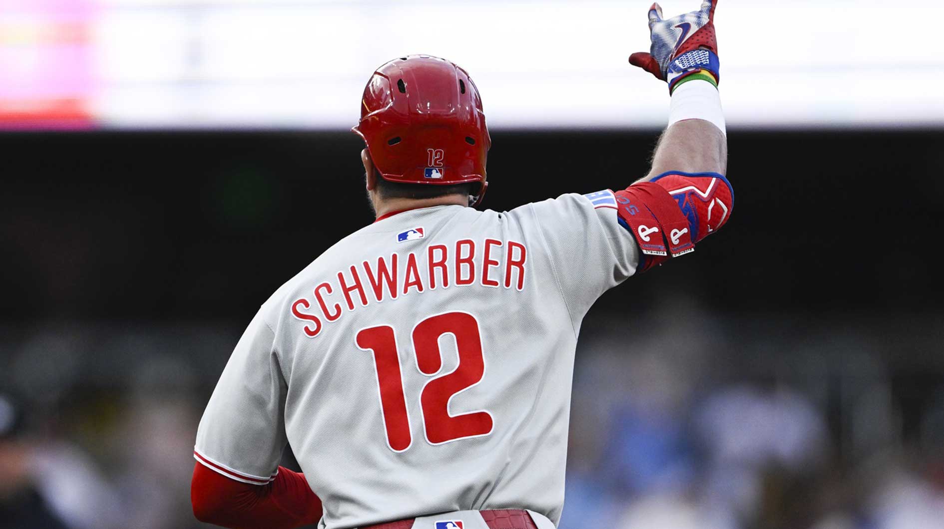 Jul 11, 2025; San Diego, California, USA; Philadelphia Phillies left fielder Kyle Schwarber (12) rounds the bases after hitting a solo home run during the third inning against the San Diego Padres at Petco Park. Mandatory Credit: Denis Poroy-Imagn Images