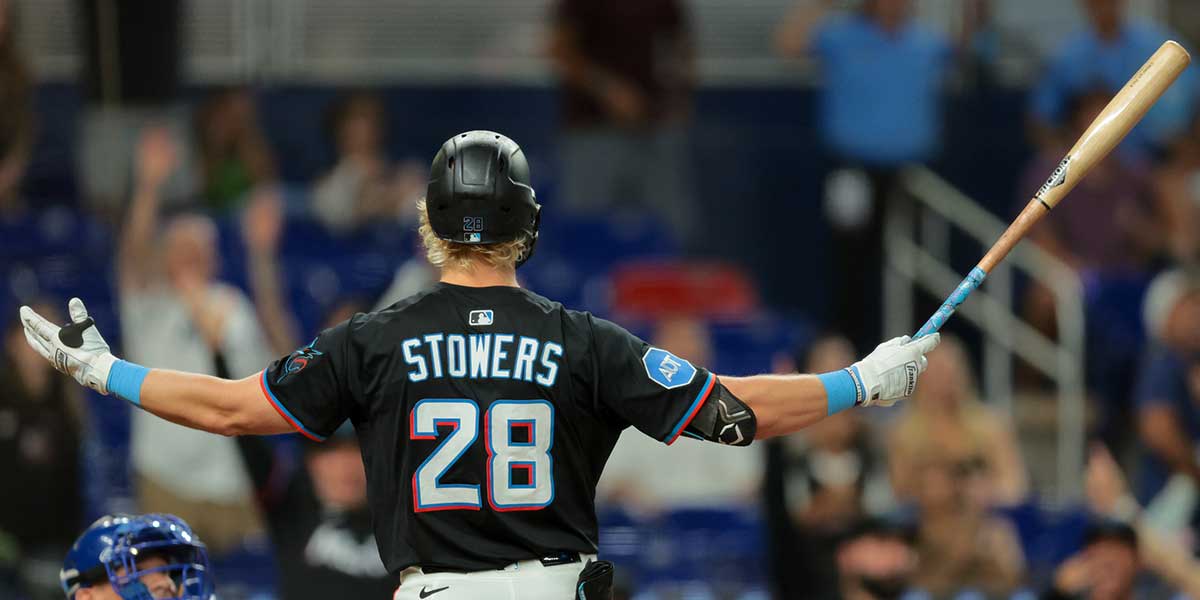 Miami Marlins left fielder Kyle Stowers (28) reacts after hitting a two-run walk-off home run against the Kansas City Royals during the tenth inning at loanDepot Park.