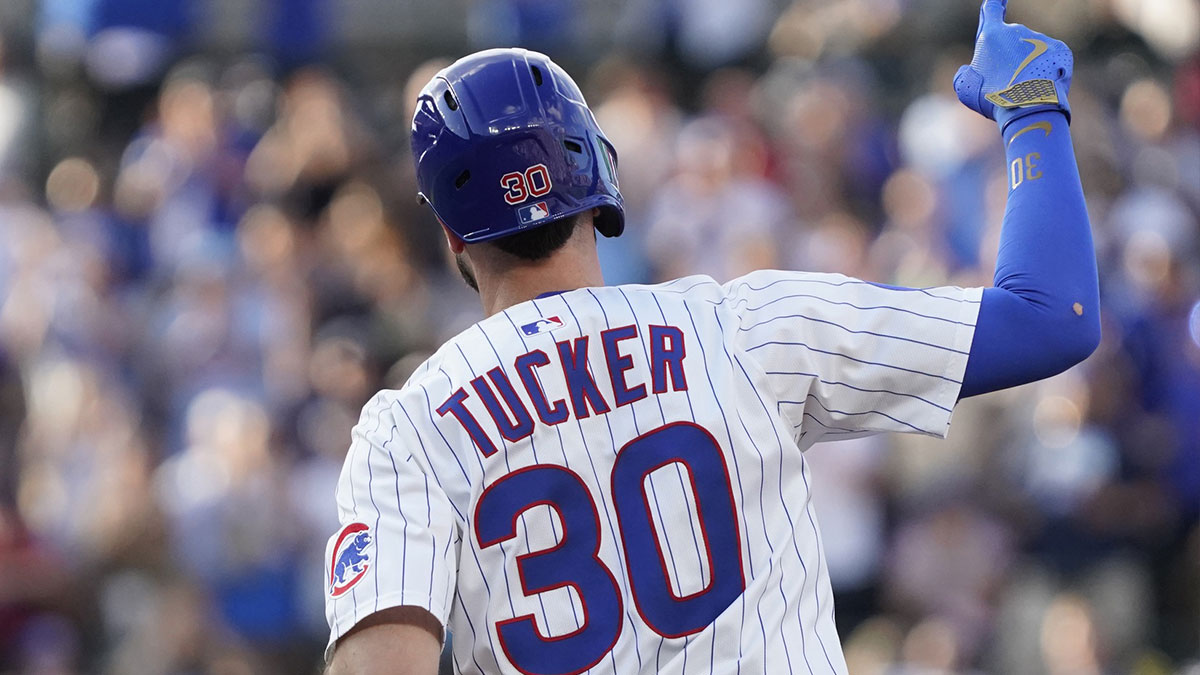 Chicago Cubs outfielder Kyle Tucker (30) gestures after hitting a home run against the Boston Red Sox during the first inning at Wrigley Field.